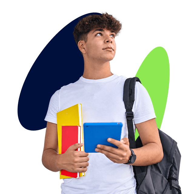 Estudiante con libros y tablet